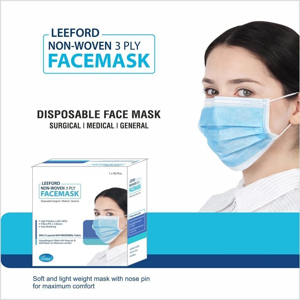 Leeford 3 Ply Anti- Microbial Face Mask With Nosepin with 5 Layered SSMMS Fabric ( Single pouch packing)